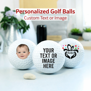 golf balls with customizable text or images on a blurred indoor background.