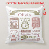 Personalized Baby Statistics Boy Girl Birth Announcement, Birth Stats New Born Gift Cushion Pillow - RazKen Gifts Shop