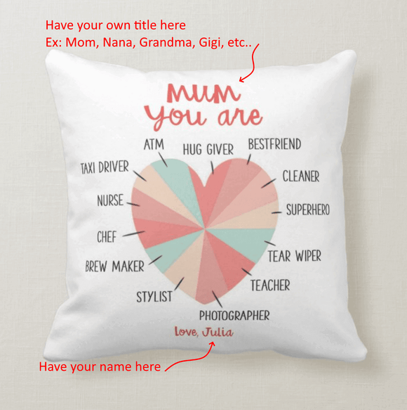 Mum Heart Chart Skill Job, Hug Giver, Cleaner, Stylist, Brew Maker, ATM, Cushion Pillow - RazKen Gifts Shop