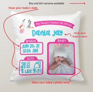 Personalized Pelican Birth stats, Statistics Boy Girl Birth Announcement Cushion Pillow - RazKen Gifts Shop