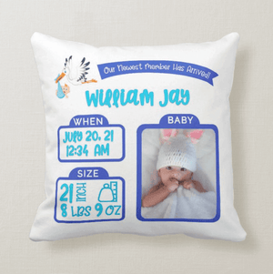 Personalized Pelican Birth stats, Statistics Boy Girl Birth Announcement Cushion Pillow - RazKen Gifts Shop