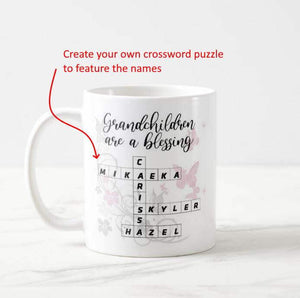 Personalized Grandchildren Names Scrabble Crossword Puzzle Gift Grandmother Coffee Mug - RazKen Gifts Shop