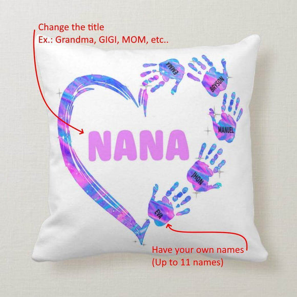 Mom Grandma Nana Colorful Heart Hand Print Personalized Grandchildren Names Pillow - RazKen Gifts Shop