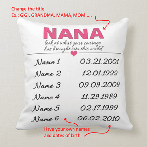 Personalized Names, Dates of Birth, Gift for Mom, Grandma, Nana, GIGI, Into This World Pillow - RazKen Gifts Shop