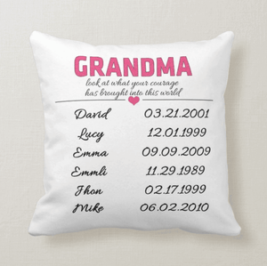 Personalized Names, Dates of Birth, Gift for Mom, Grandma, Nana, GIGI, Into This World Pillow - RazKen Gifts Shop