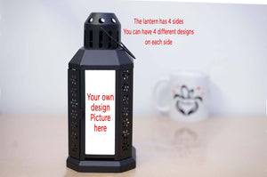 Personalized Lantern Custom Your Own Design Image Picture 4 Glass Sides Black Steel Lantern - RazKen Gifts Shop