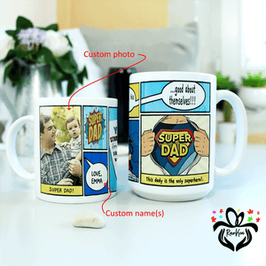 Personalized Super Dad Comic Book Photo Mug, Gift for Dad, Dad is My Hero Comic Book Mug - RazKen Gifts Shop