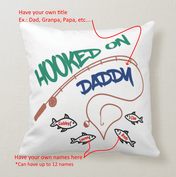We are Hooked On, Basic Design, Personalized Title, Custom Names, Fishing Pole Pillow - RazKen Gifts Shop