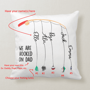 We are Hooked On Dad, Personalized Title, Custom Names, Fishing Pole, Lures Cushion Pillow - RazKen Gifts Shop